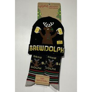 Christmas Beanie Hat Skull Cap & Socks 8-12 Adult Light‎ Up Beer Rudolph Party